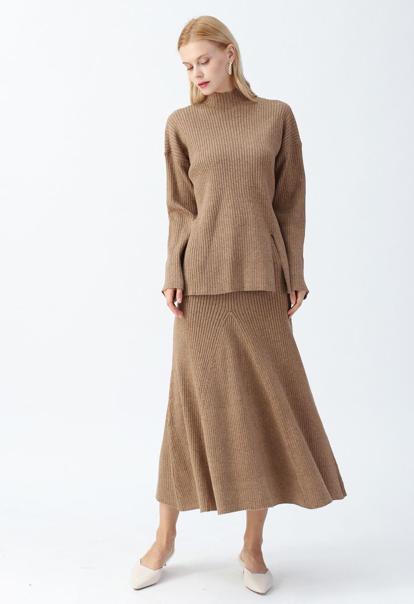 Side Slit Ribbed Knit Sweater and Skirt Set in Caramel - Retro, Indie ...