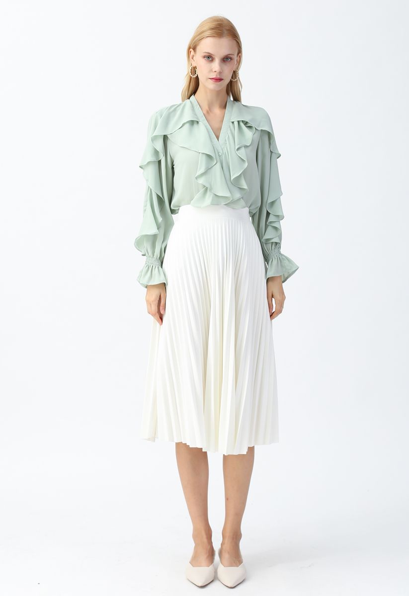 Full Pleated A-Line Midi Skirt in White