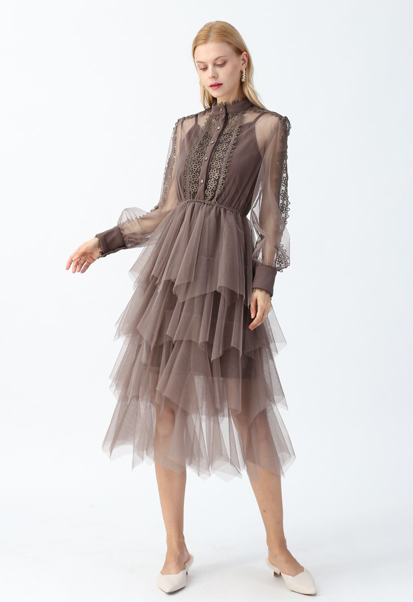 Lacy Sleeves Tiered Mesh Dress in Brown - Retro, Indie and Unique Fashion