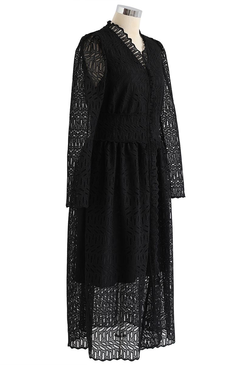 Full Crochet V-Neck Button Down Midi Dress in Black