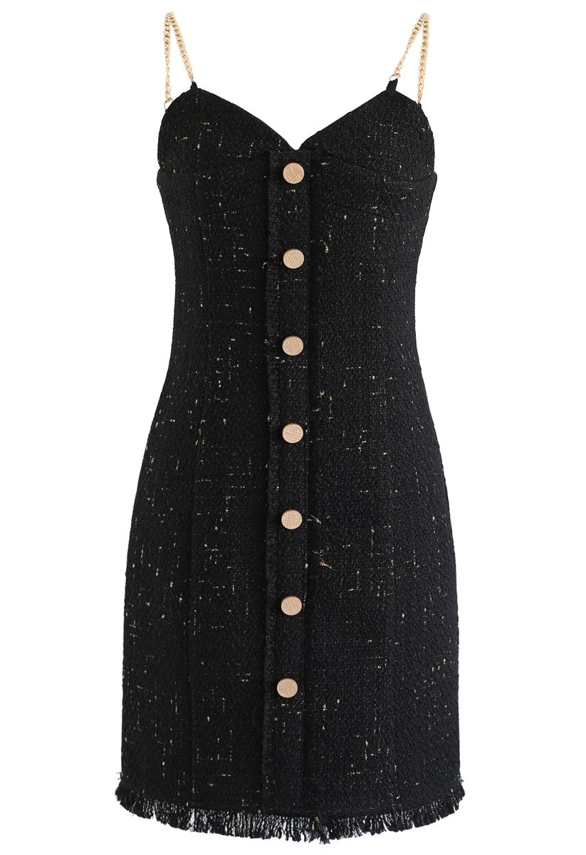 Raw Hem Tweed Button Down Cami Dress in Black - Retro, Indie and Unique ...