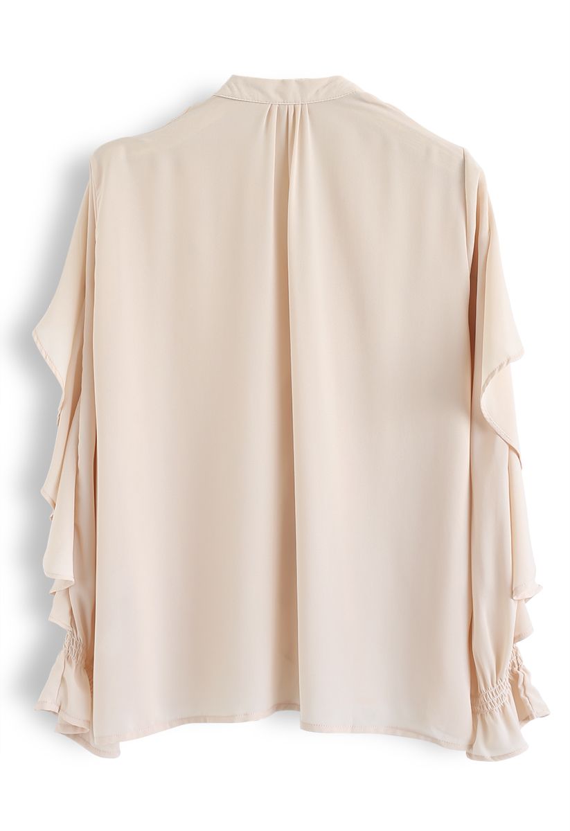 Ruffle Button Down V-Neck Top in Nude Pink - Retro, Indie and Unique ...