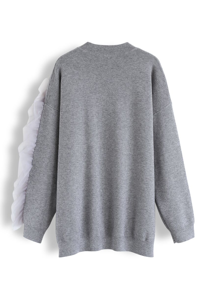 3D Mesh Decorated Sleeves Knit Sweater in Grey