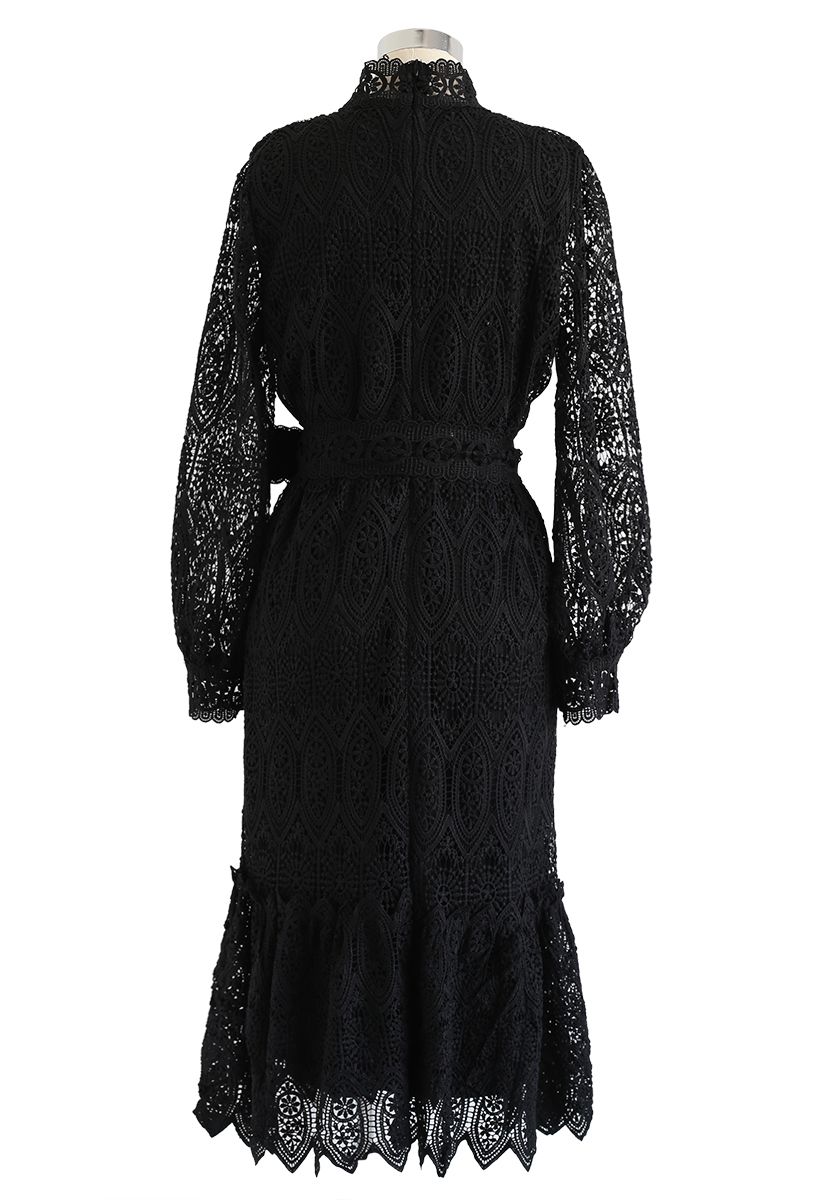 Full Floral Crochet Belted Frilling Dress in Black