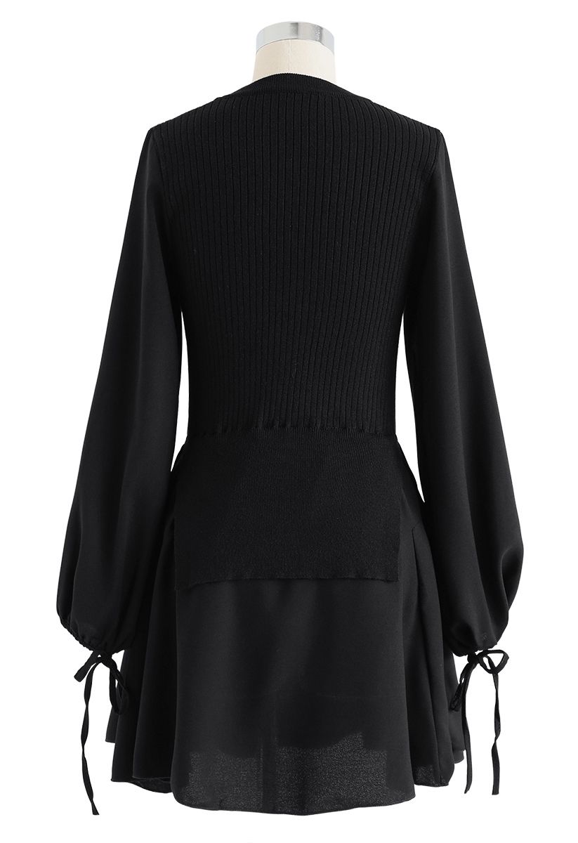 Fake Two-Piece Chiffon Knit Skater Dress in Black