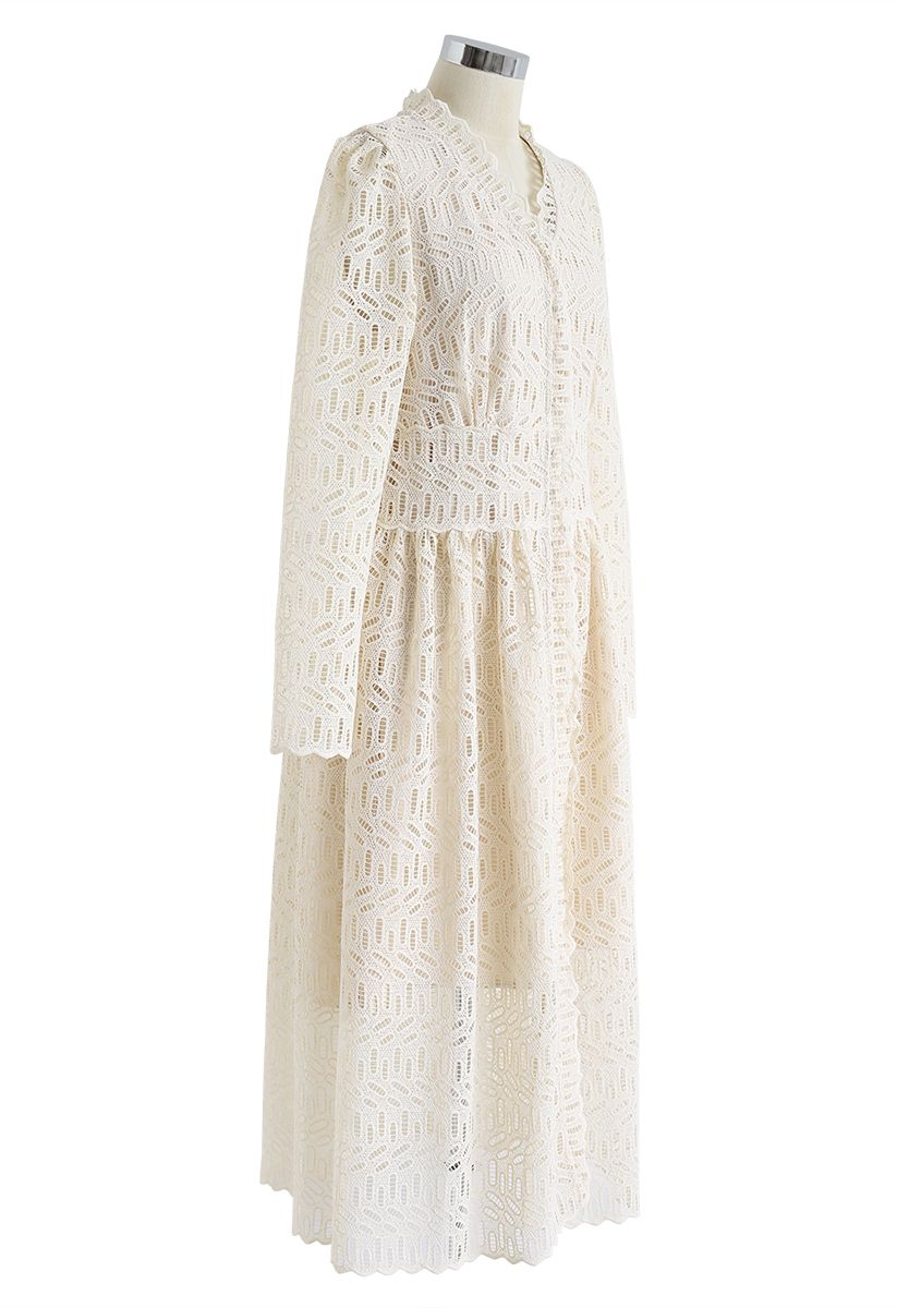 Full Crochet V-Neck Button Down Midi Dress in Cream - Retro, Indie and ...