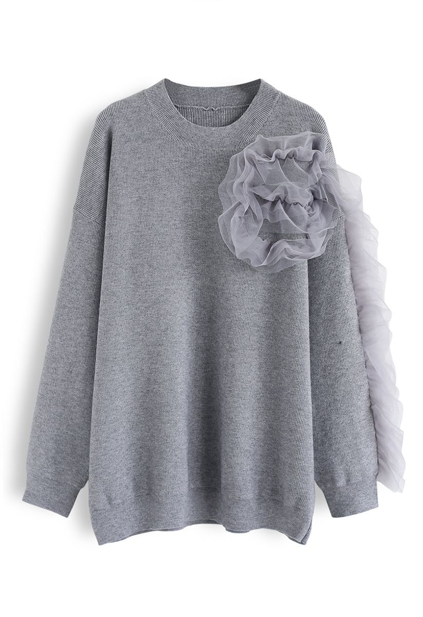 3D Mesh Decorated Sleeves Knit Sweater in Grey