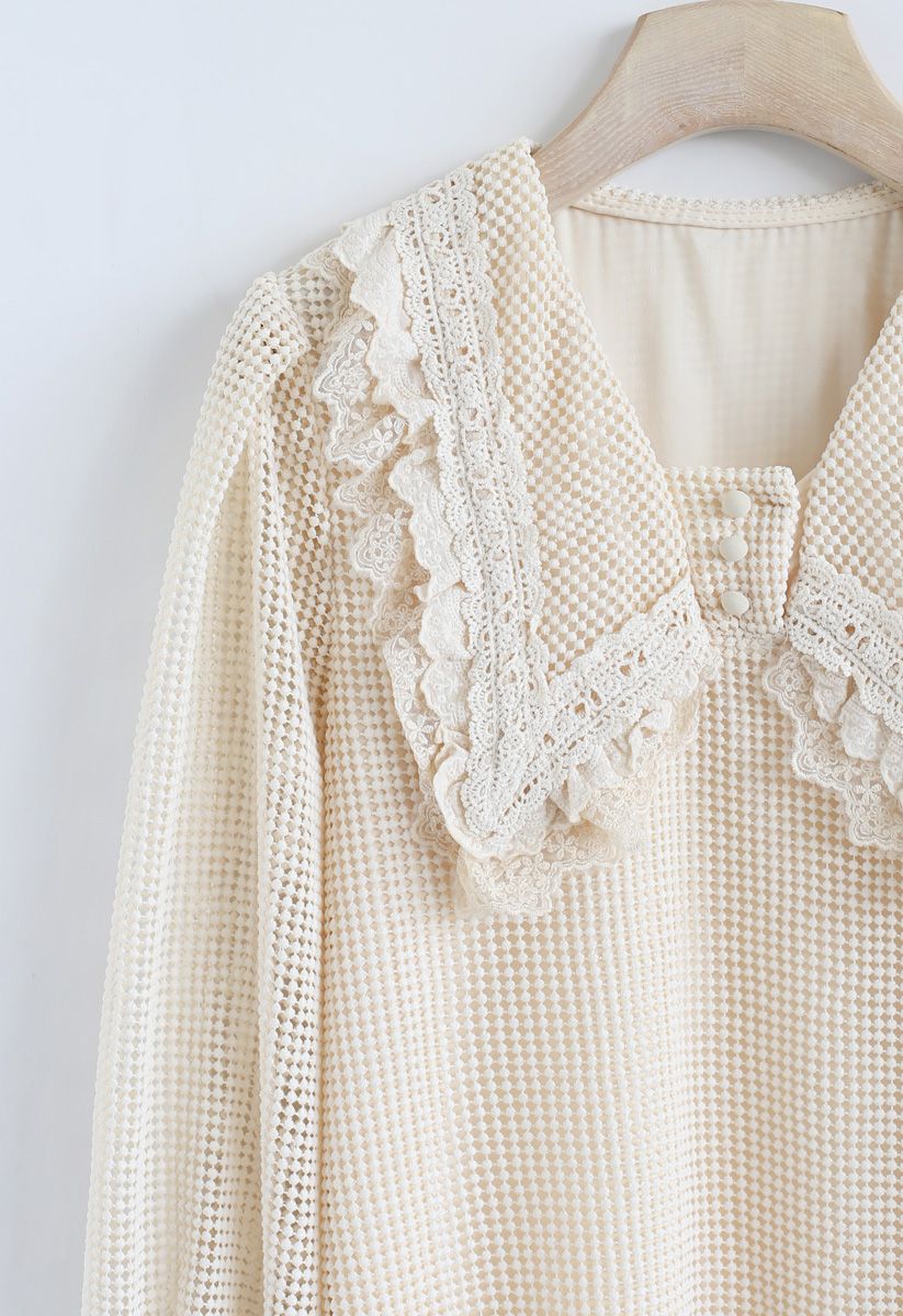 Scrolled Collar Crochet Top in Cream - Retro, Indie and Unique Fashion