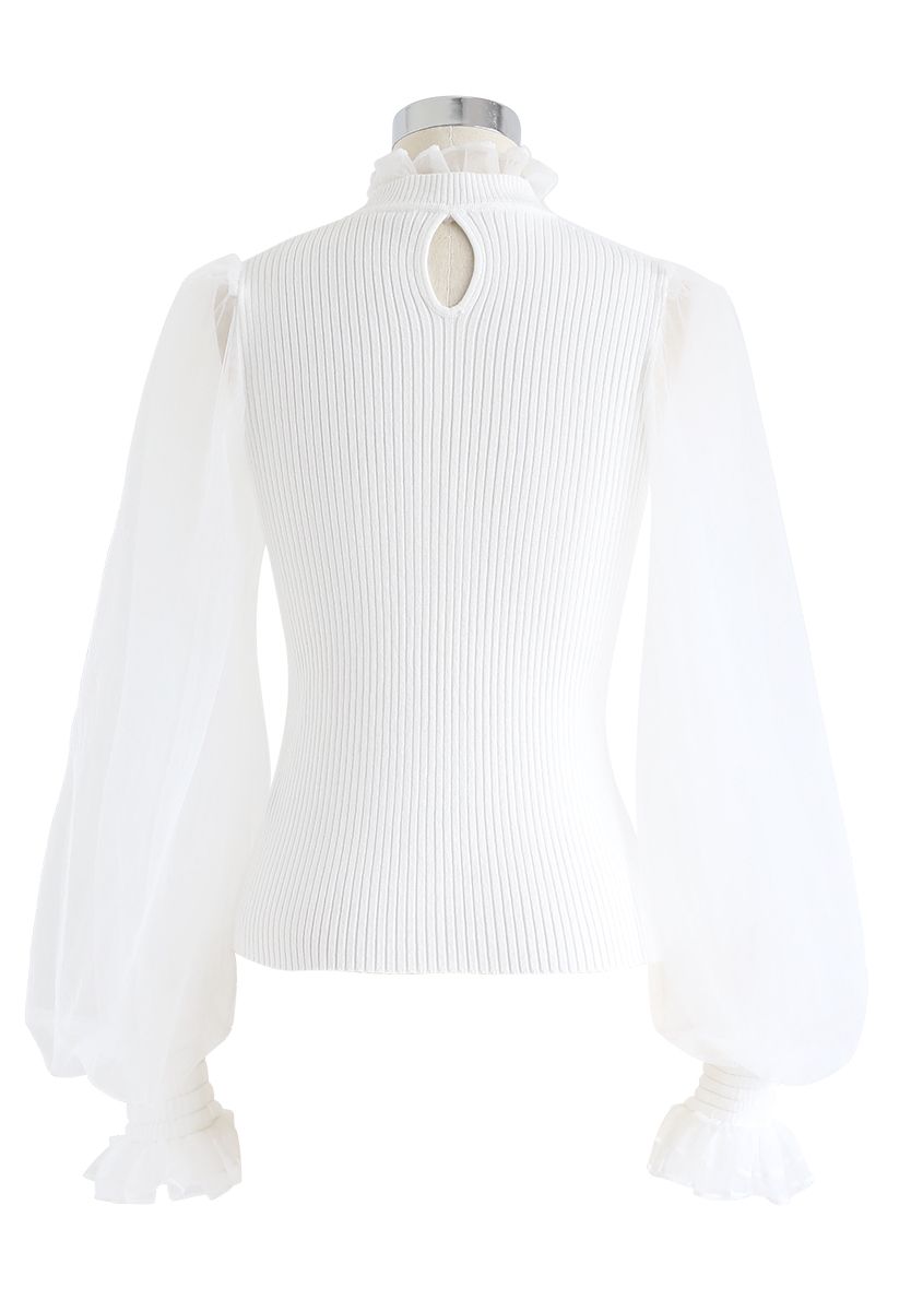 Sheer Bubble Sleeves Ribbed Knit Top in White