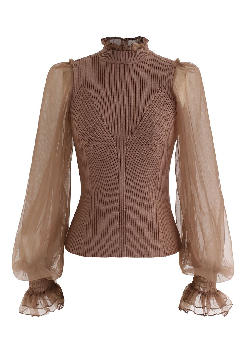 Sheer Bubble Sleeves Ribbed Knit Top in Brown