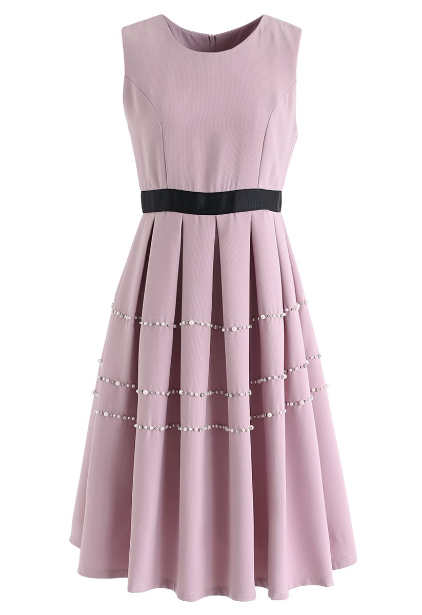 Pearls and Crystals Trim Pleated Sleeveless Dress
