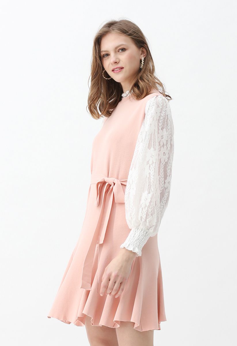 Mock Neck Lacy Top and Frill Hem Knit Dress Set in Pink - Retro, Indie ...