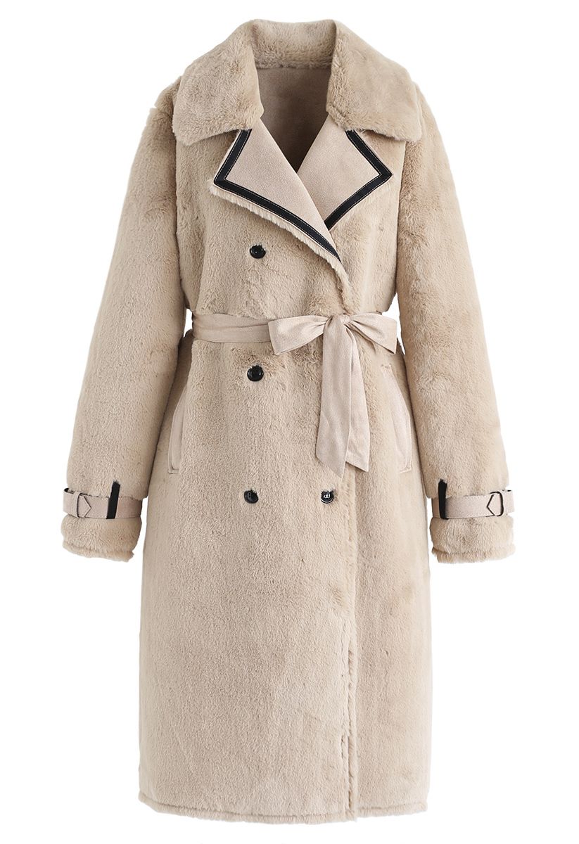 Faux Fur Double-Breasted Belted Longline Coat - Retro, Indie and Unique ...