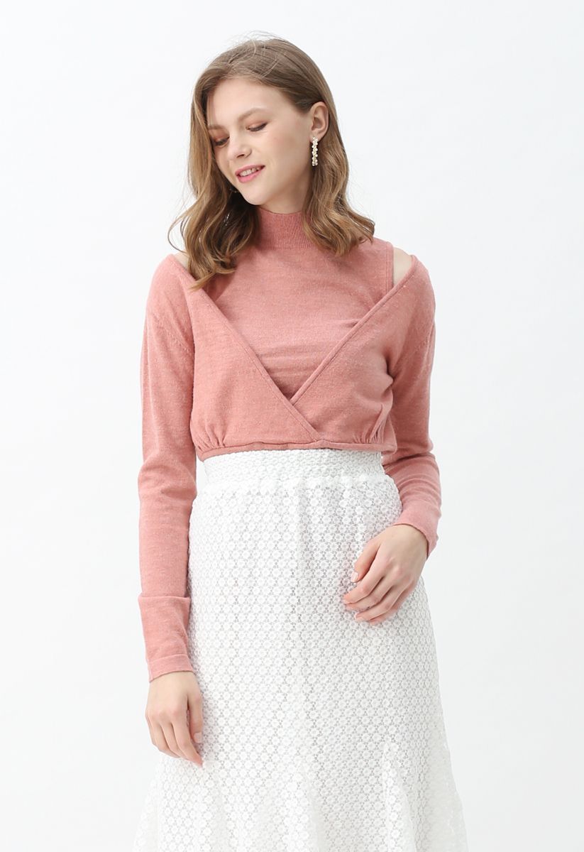 Fake Two-Piece Mock Neck Wrap Knit Top in Pink