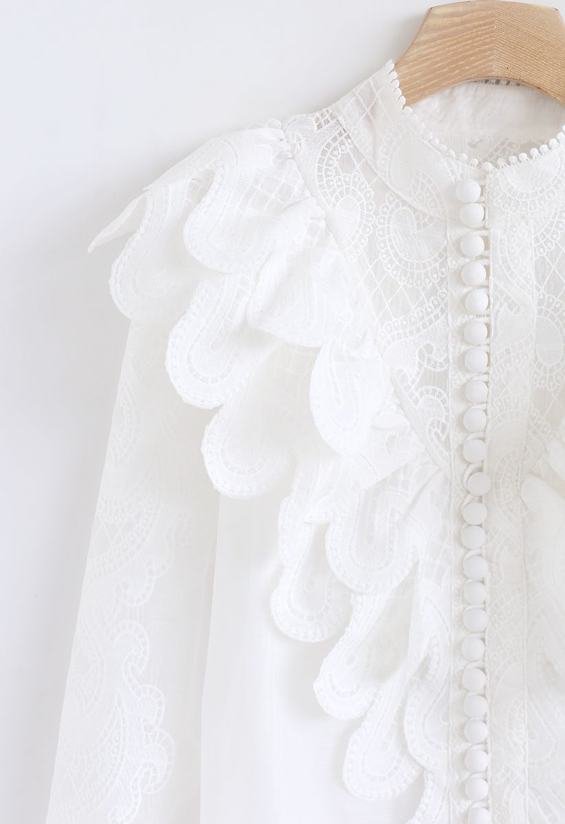 Crochet Trim Organza Top in White - Retro, Indie and Unique Fashion