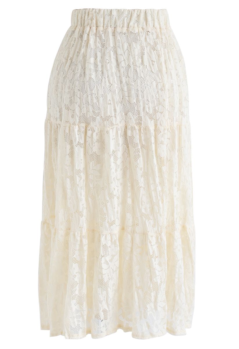 Full Lace Midi Skirt in Cream - Retro, Indie and Unique Fashion