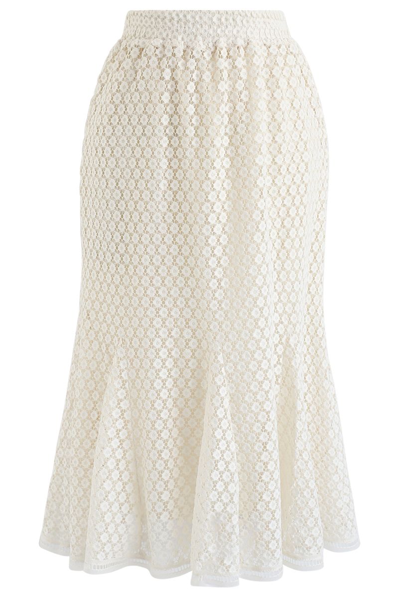 Floret Crochet Frill Hem Midi Skirt in Cream