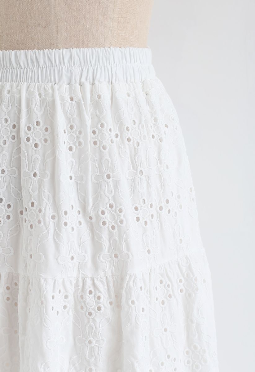 Eyelet Embroidered Midi Skirt in White - Retro, Indie and Unique Fashion