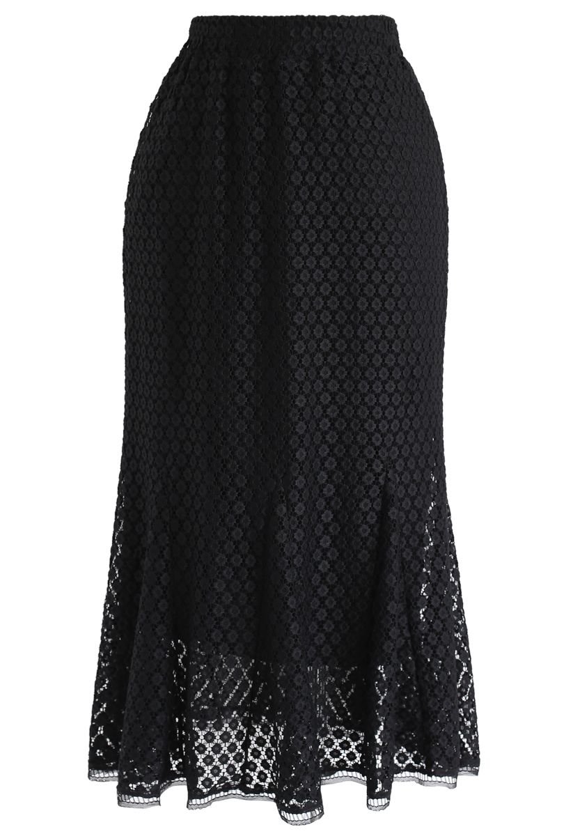 Floret Crochet Frill Hem Midi Skirt in Black - Retro, Indie and Unique ...