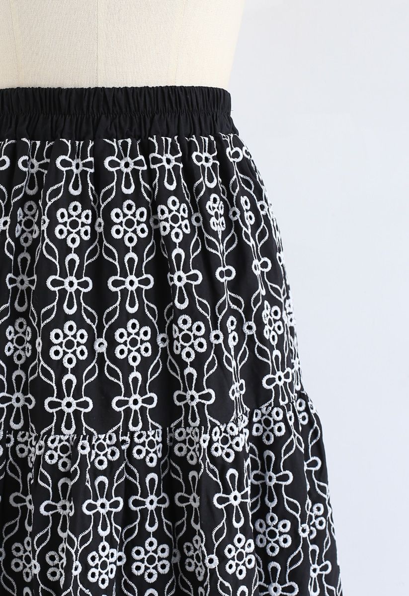 Eyelet Embroidered Midi Skirt in Black