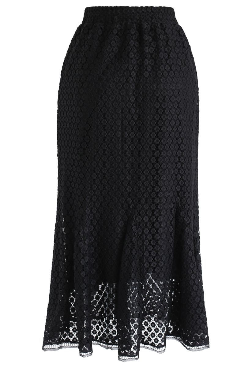 Floret Crochet Frill Hem Midi Skirt in Black - Retro, Indie and Unique ...