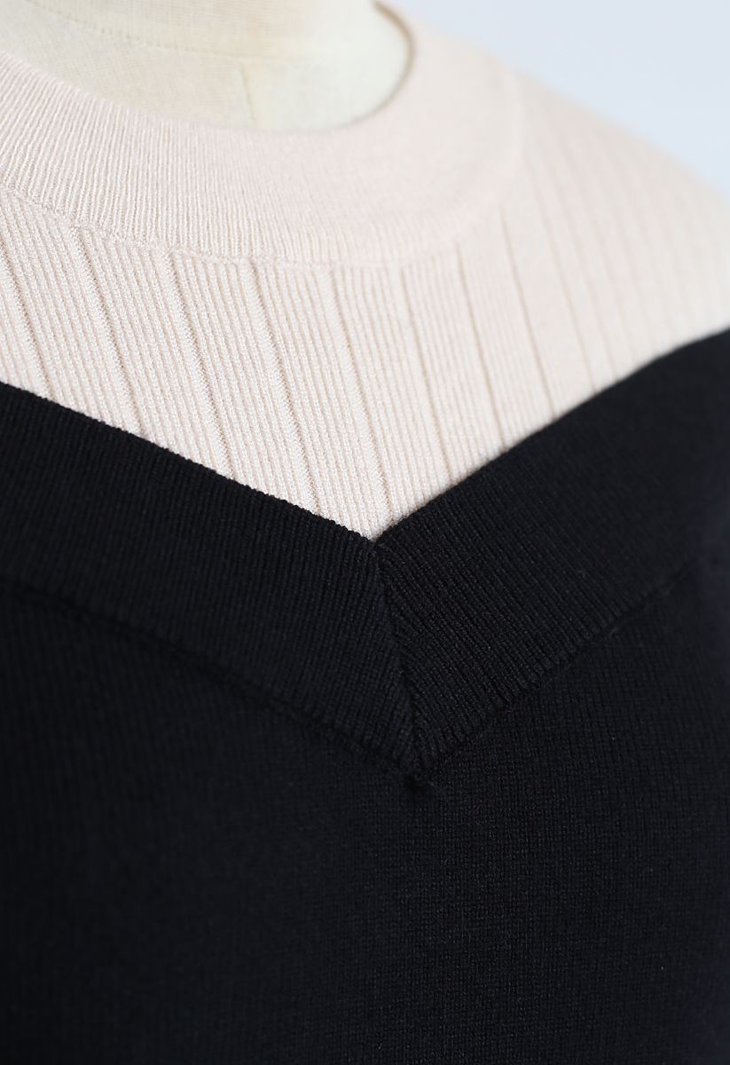 Bicolor Ribbed Knit Top in Black