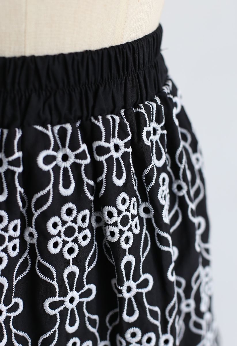 Eyelet Embroidered Midi Skirt in Black