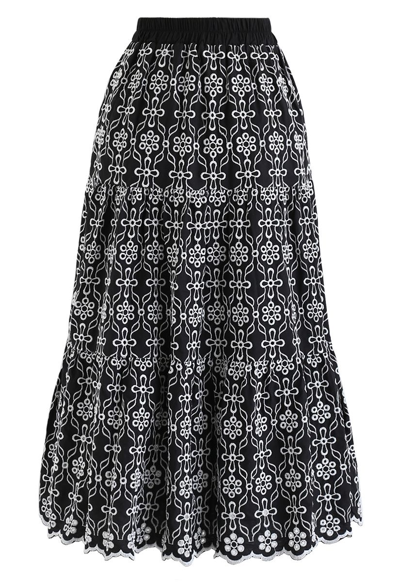 Eyelet Embroidered Midi Skirt in Black - Retro, Indie and Unique Fashion