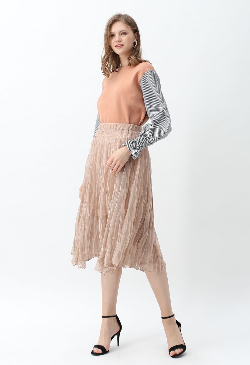 Semi-Sheer Shimmer Mesh Pleated Skirt in Dusty Pink