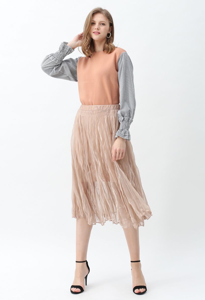 Semi-Sheer Shimmer Mesh Pleated Skirt in Dusty Pink