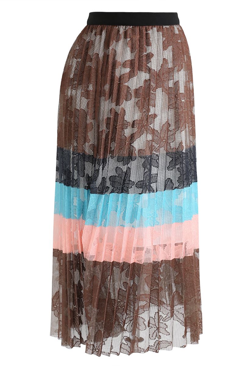 Color Blocked Floral Mesh Pleated Midi Skirt in Caramel