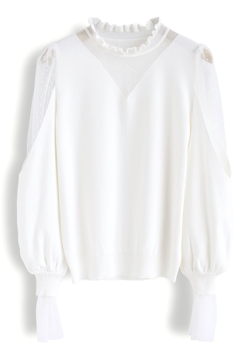 Mesh Inserted Bell Sleeves Knit Top in White