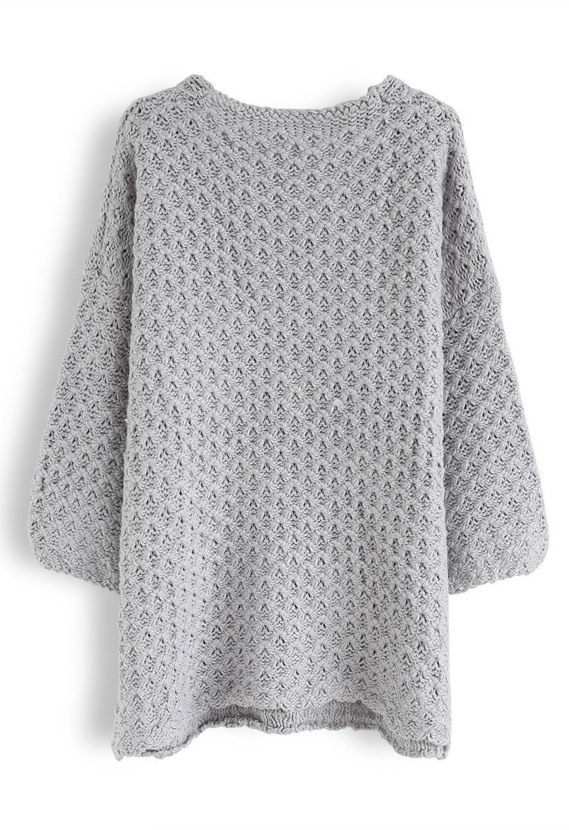 Hollow Out V-Neck Oversized Knit Sweater in Grey - Retro, Indie and ...