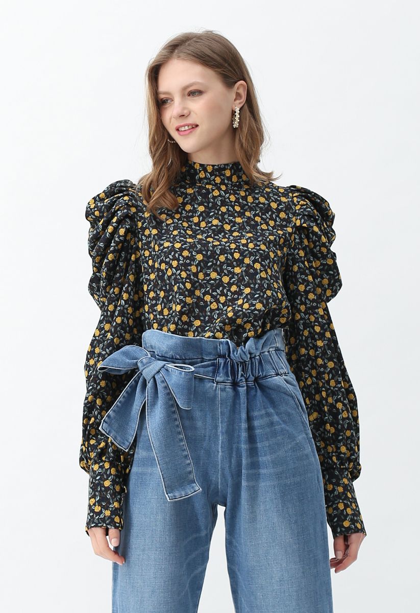 Yellow Florets Puff Sleeves Smock Top
