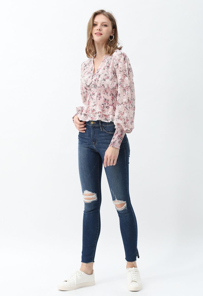 Floral Print Eyelet Embroidered Peplum Top in Pink