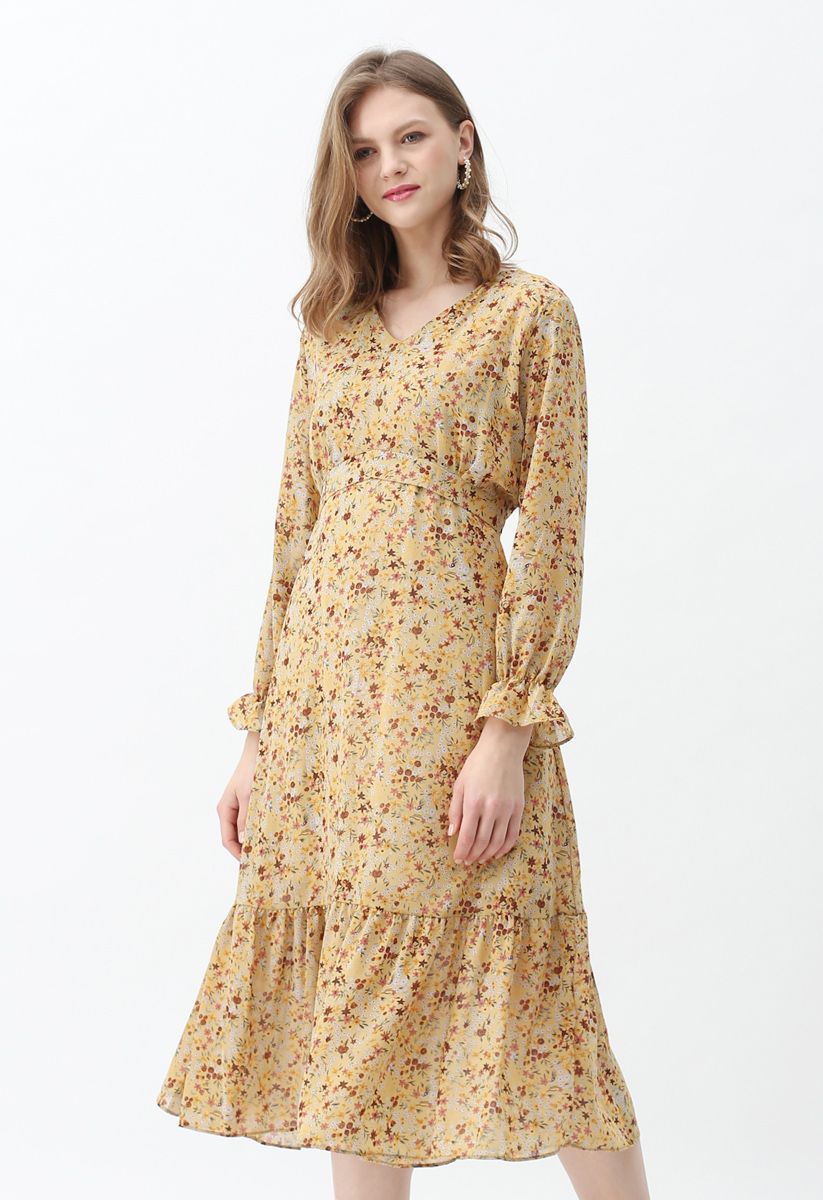 Floret V-Neck Frilling Chiffon Dress in Yellow - Retro, Indie and ...