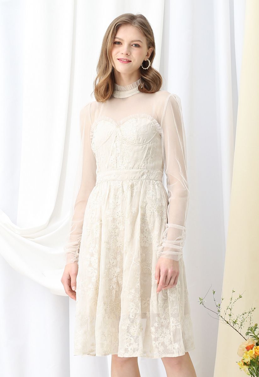 Creamy Floral Embroidered Mesh Midi Dress