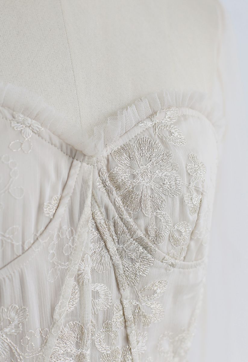 Creamy Floral Embroidered Mesh Midi Dress