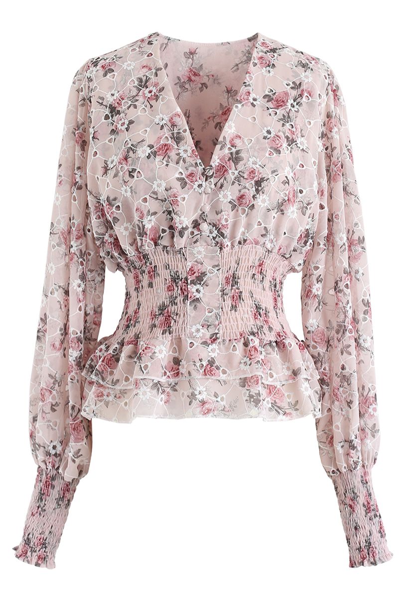 Floral Print Eyelet Embroidered Peplum Top in Pink - Retro, Indie and ...