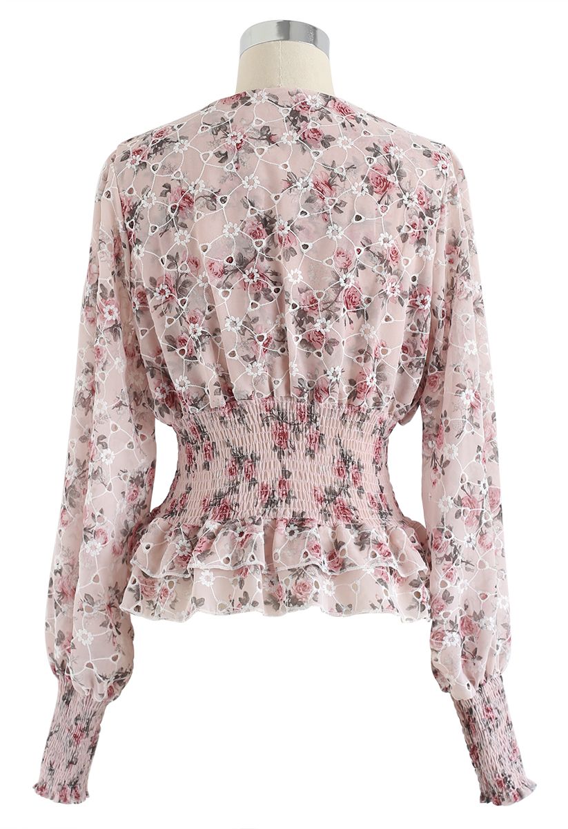 Floral Print Eyelet Embroidered Peplum Top in Pink