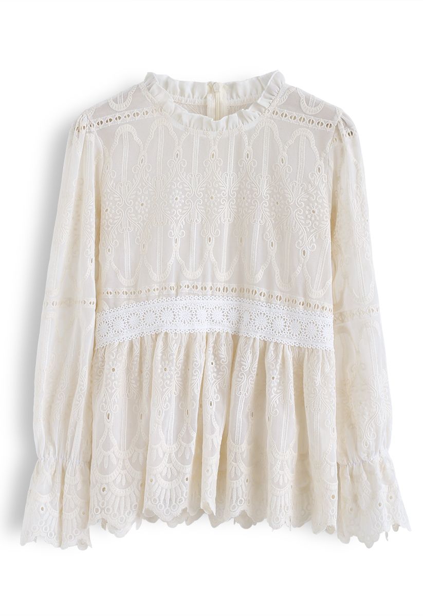 Creamy Full Embroidery Semi-Sheer Dolly Top - Retro, Indie and Unique ...
