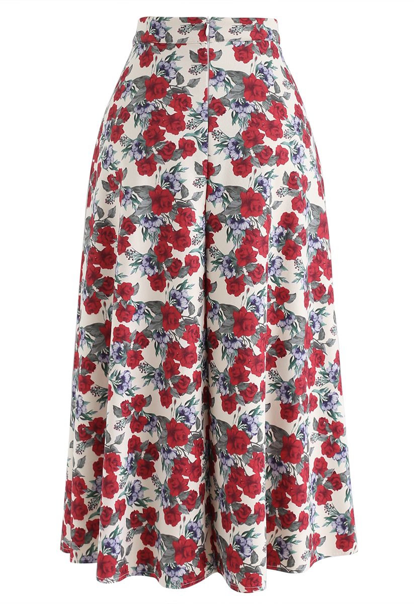 Full of Red Floral A-Line Midi Skirt - Retro, Indie and Unique Fashion
