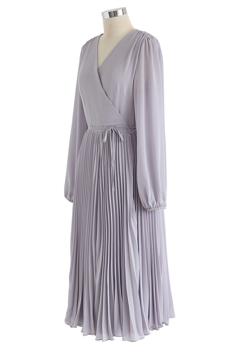 Lilac V-Neck Wrap Pleated Chiffon Dress - Retro, Indie and Unique Fashion