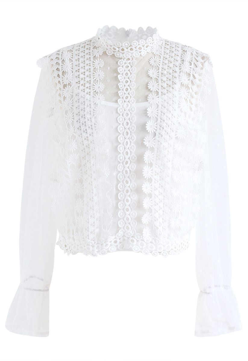 Floral Crochet Mesh Top in White