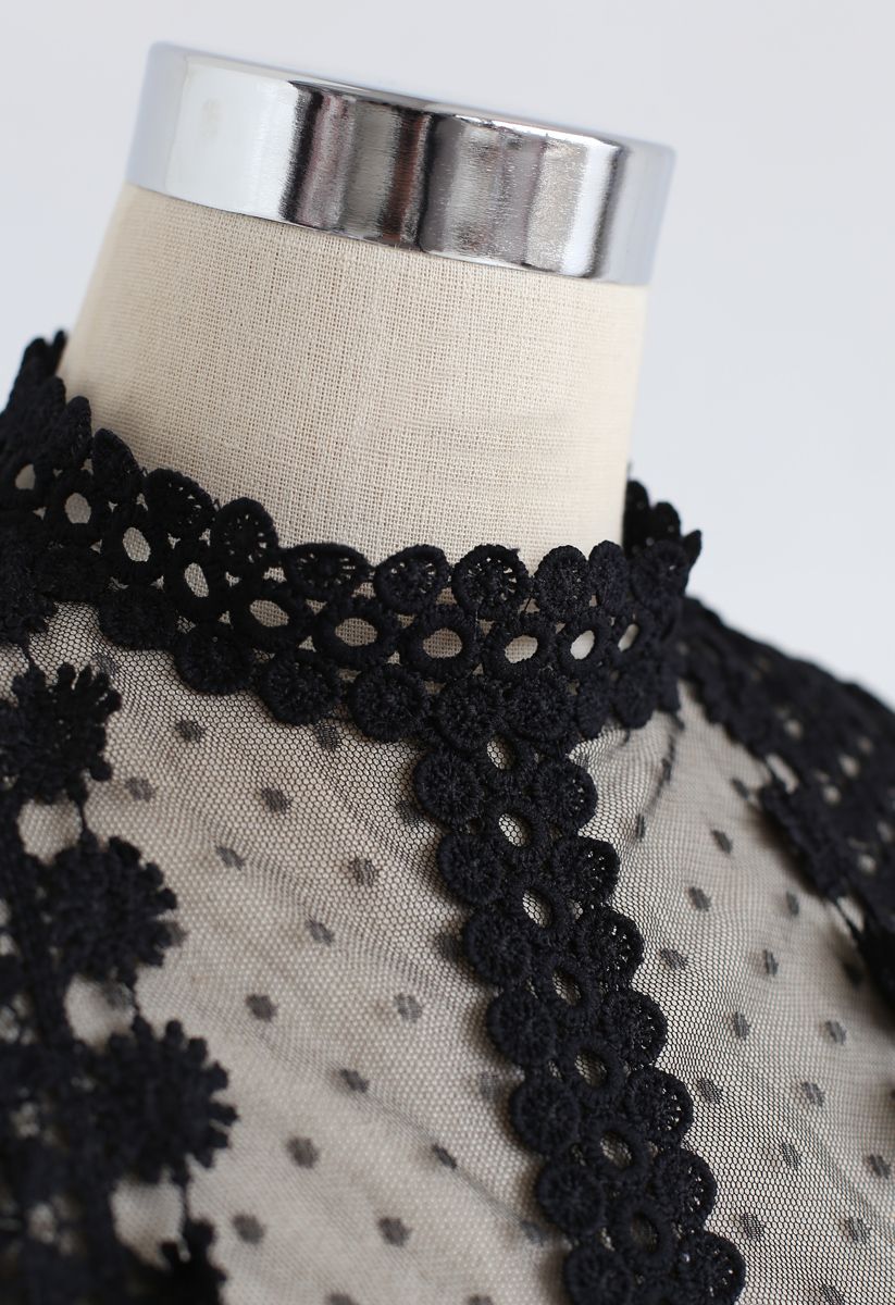 Floral Crochet Mesh Top in Black