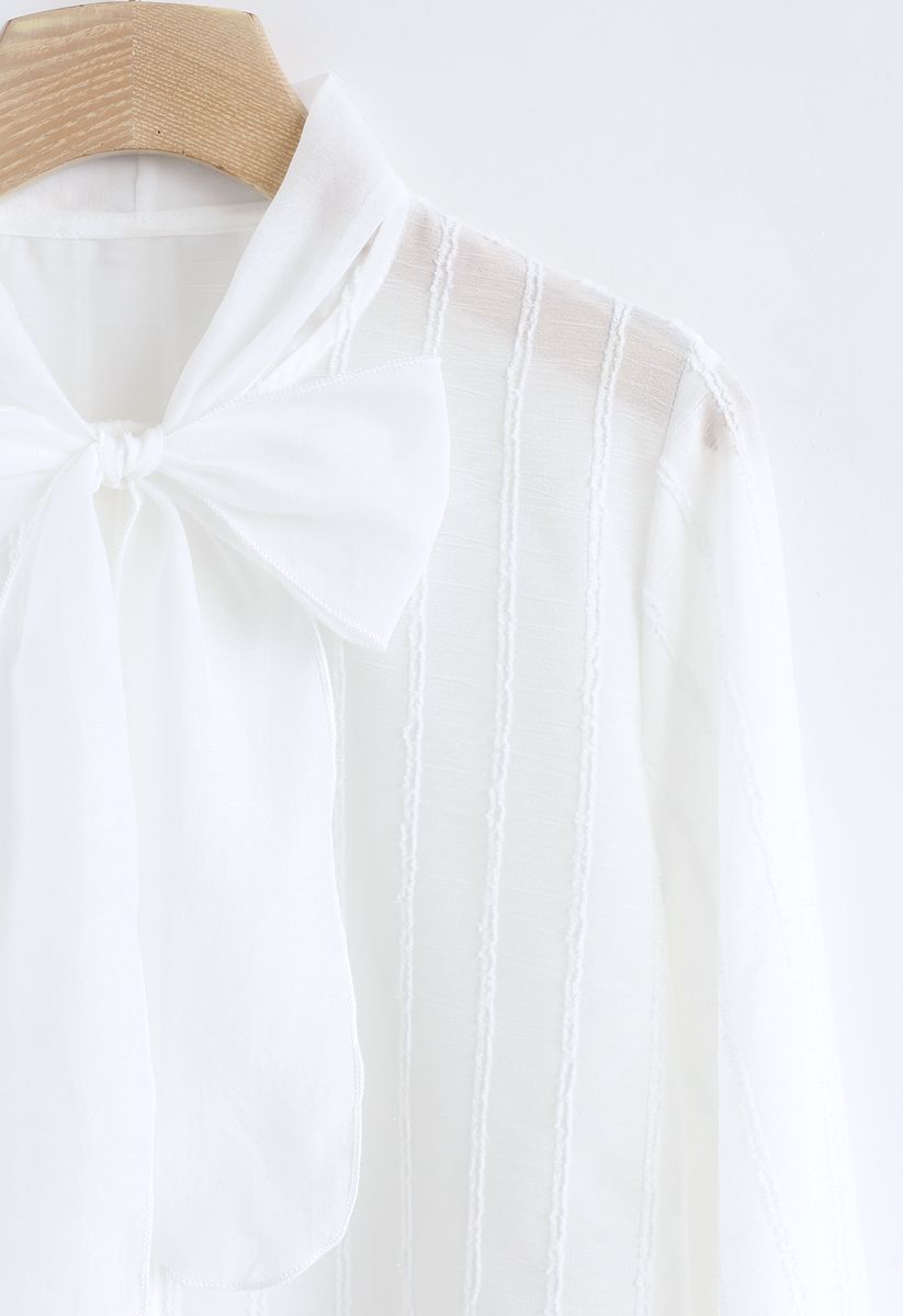 Parallel Mesh Bowknot Neck Sleeves Shirt in White