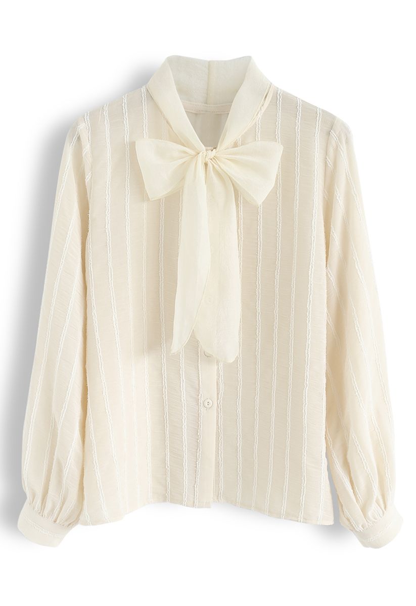Parallel Mesh Bowknot Neck Sleeves Shirt in Cream - Retro, Indie and ...