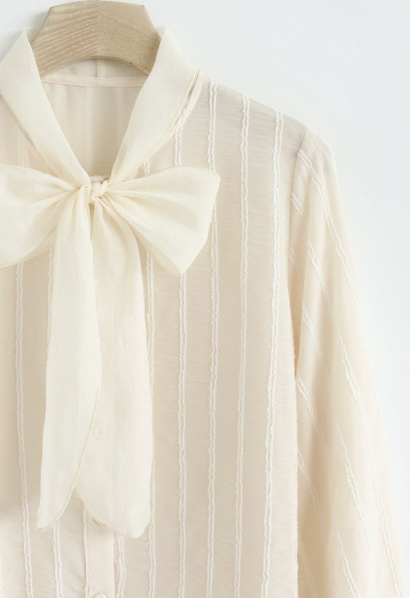Parallel Mesh Bowknot Neck Sleeves Shirt in Cream