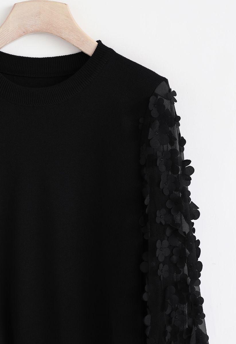 3D Flower Mesh Sleeves Knit Top in Black
