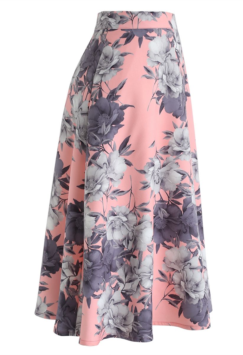 Floral A-Line Flare Midi Skirt in Pink